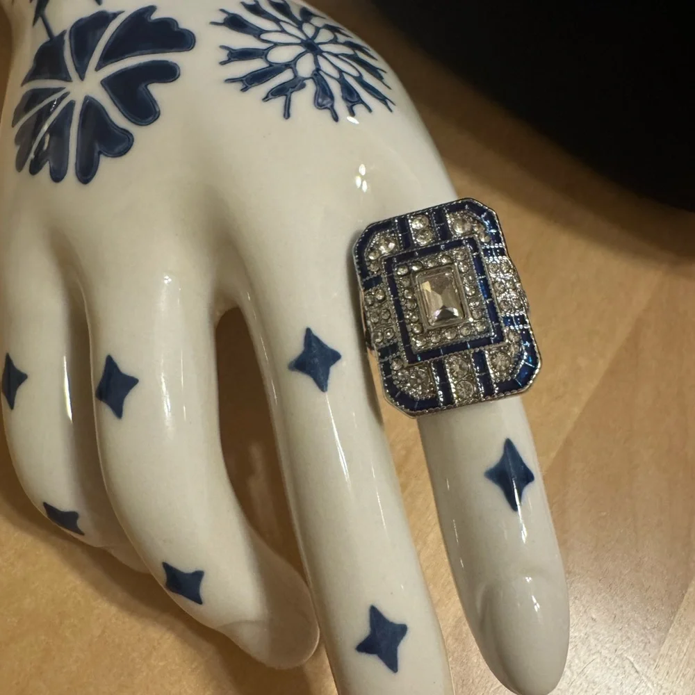 Silver tone art deco style blue enamel  & clear rhinestone ring